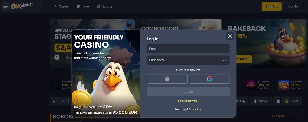 Kokobet casino login pop-up featuring a promotional banner with a cartoon chicken holding gold coins, headline “Your Friendly Casino,” daily cashback up to 20%, and a login form with email/password fields plus Apple and Google sign-in options.