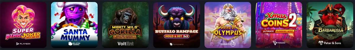 Row of featured online slot games including Super Pink Joker, Santa Mummy, Mighty Wild Gorilla, Buffalo Rampage, Gates of Olympus, Xmas Coins 2, and Barbarossa, displayed as colorful game thumbnails.